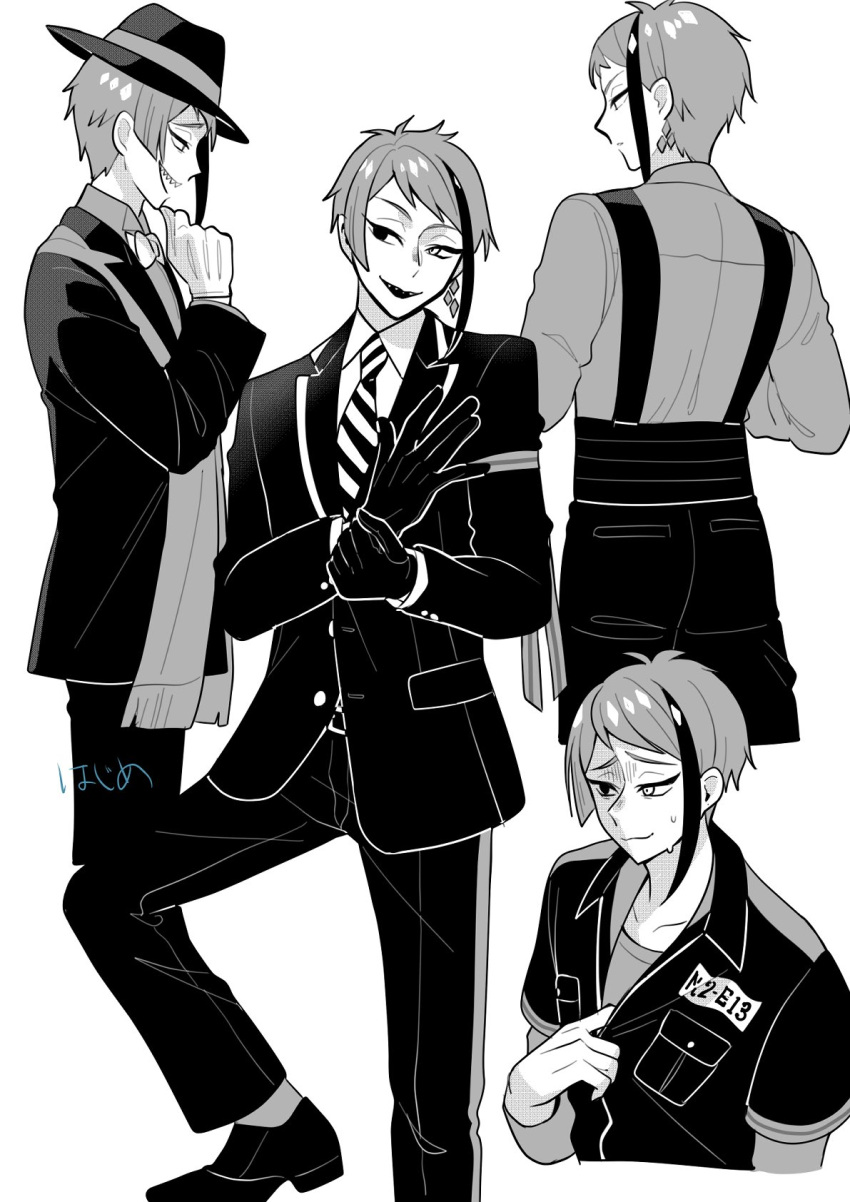 1boy, greyscale, heterochromia, highres, jade_leech, looking_at_viewer, male_focus, monochrome