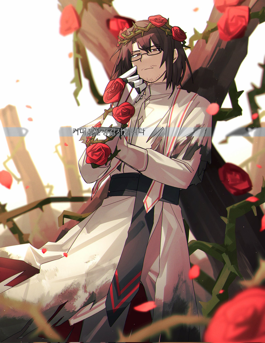 0back022_lim, 1boy, brown_eyes, brown_hair, coat, cowboy_shot, crown_of_thorns, e.g.o_(project_moon)
