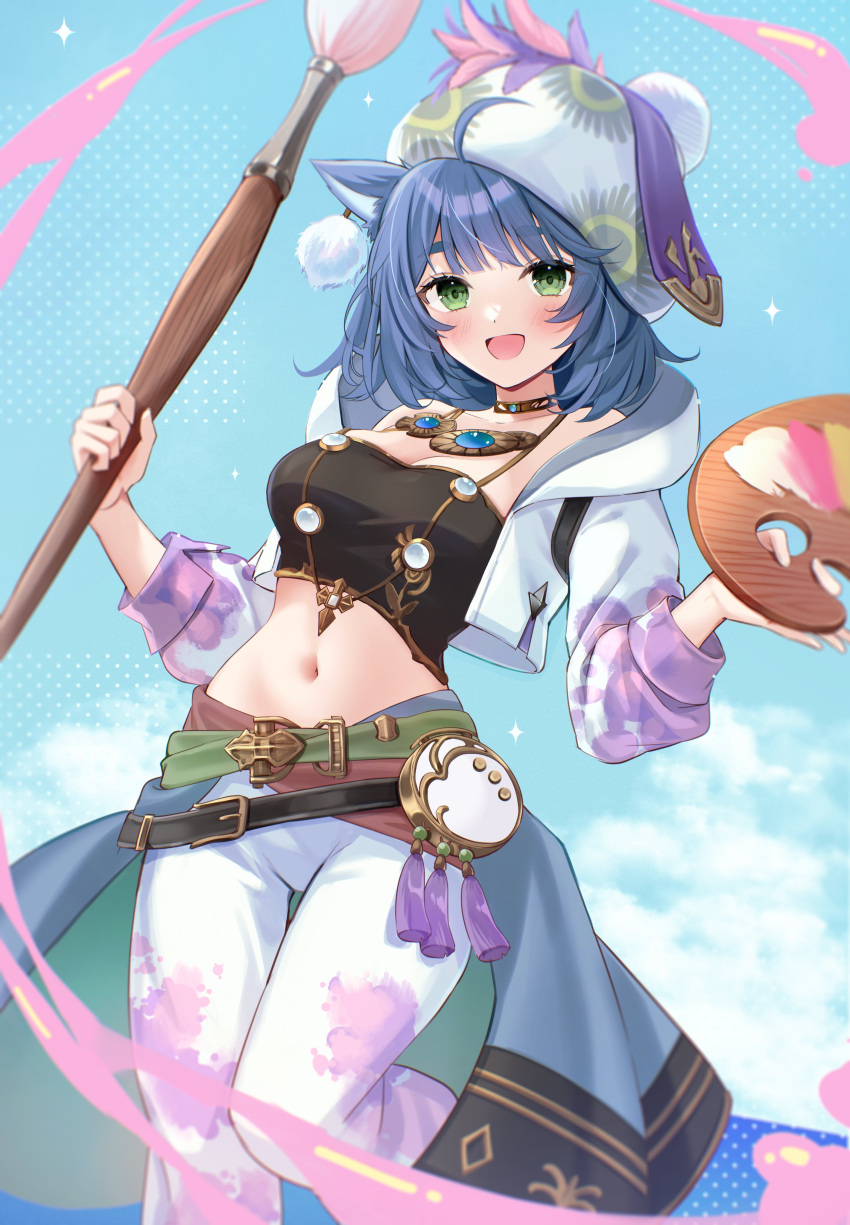 1girl, absurdres, animal_ears, bandeau, belt, blue_hair, cat_ears, cropped_jacket