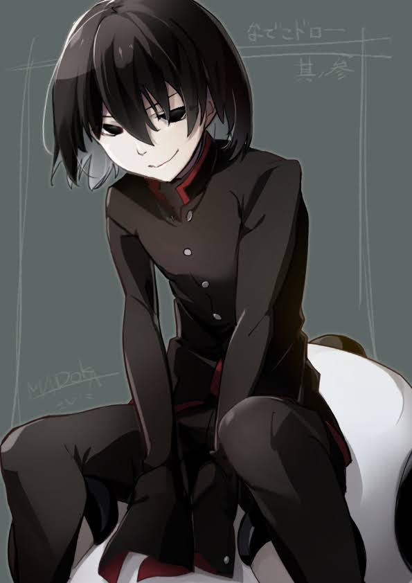 1boy, artist_name, black_eyes, black_hair, black_jacket, black_pants, bob_cut, border