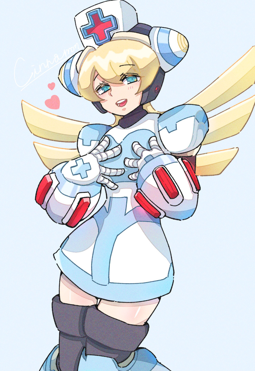 1girl, absurdres, blonde_hair, blue_eyes, character_name, cinnamon_(mega_man), cowboy_shot, grey_background