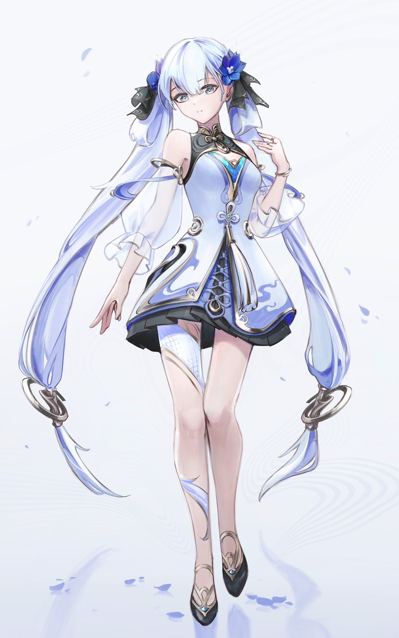 1girl, alternate_costume, bare_shoulders, black_bow, black_footwear, blue_flower, bow, breasts