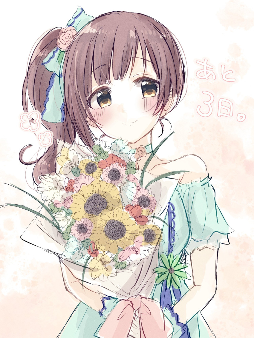 1girl, baran._(ba_ra_ran), blue_dress, blue_wrist_cuffs, blush, bouquet, breasts, brown_hair