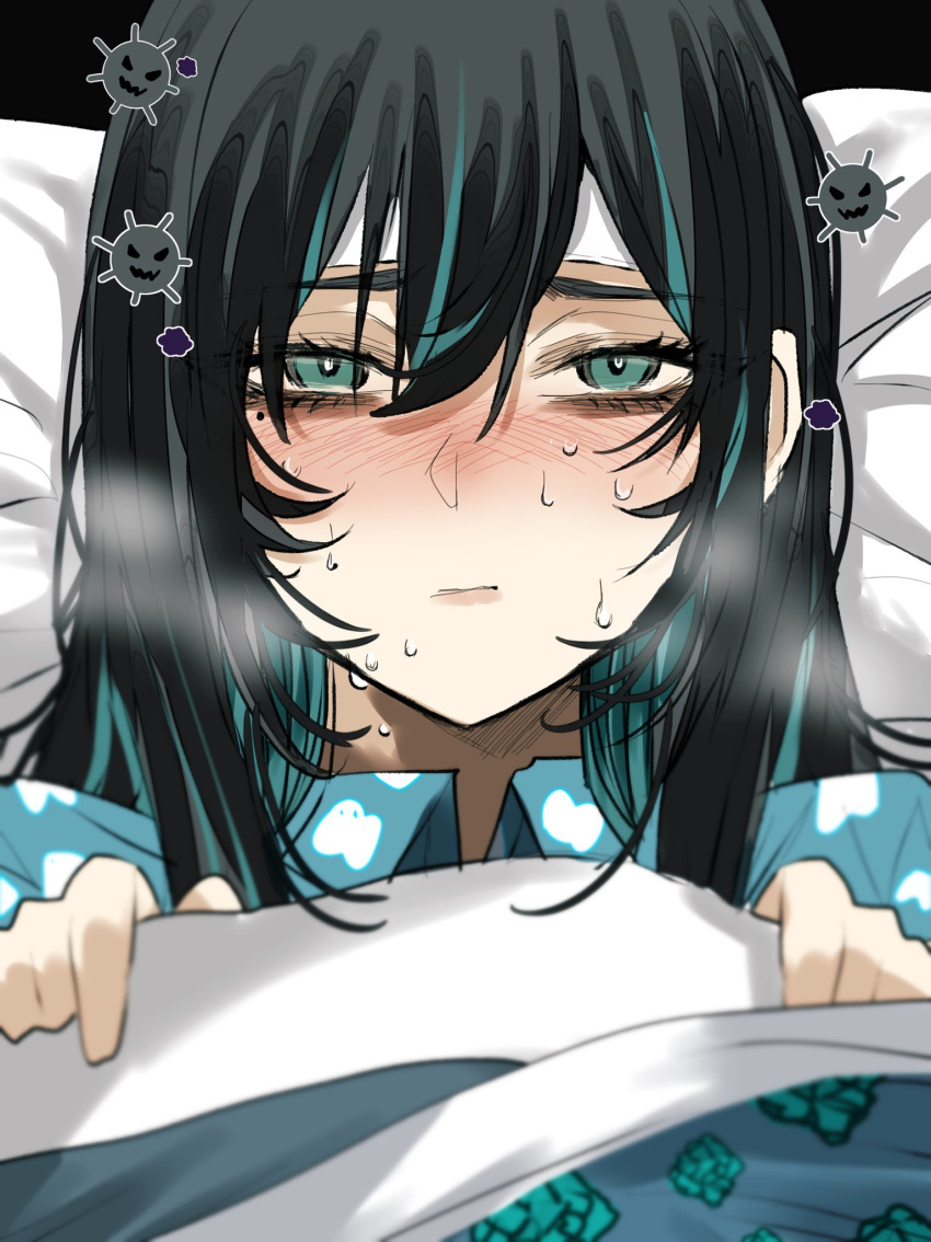 1girl, ado_(utaite), black_hair, blue_eyes, blush, chando_(ado), closed_mouth, colored_inner_hair