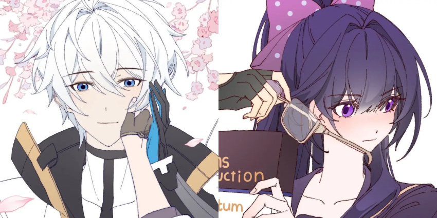 1boy, 1girl, black_gloves, blue_eyes, blunt_bangs, blush, book, bow