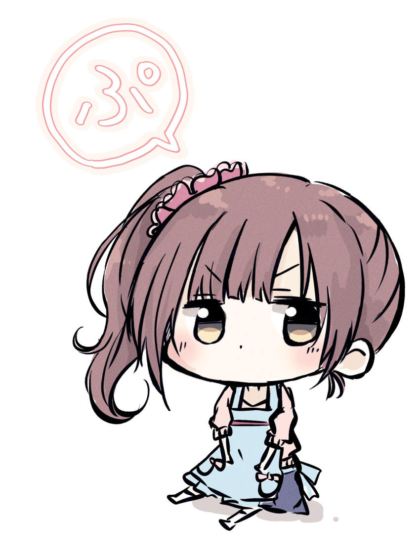 1girl, apron, baran._(ba_ra_ran), blue_apron, blue_skirt, blush, brown_hair, chibi