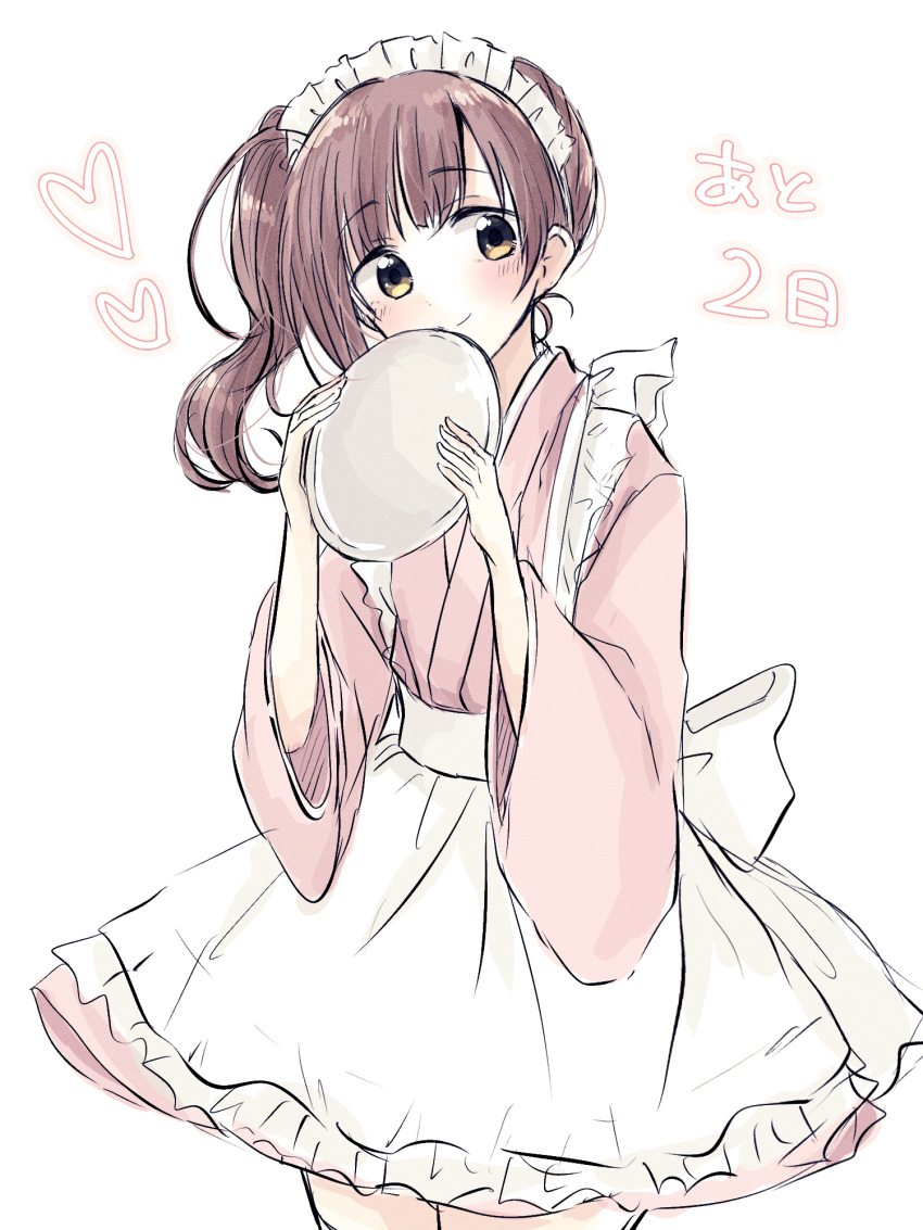 1girl, apron, baran._(ba_ra_ran), blush, brown_hair, commentary_request, countdown, cowboy_shot