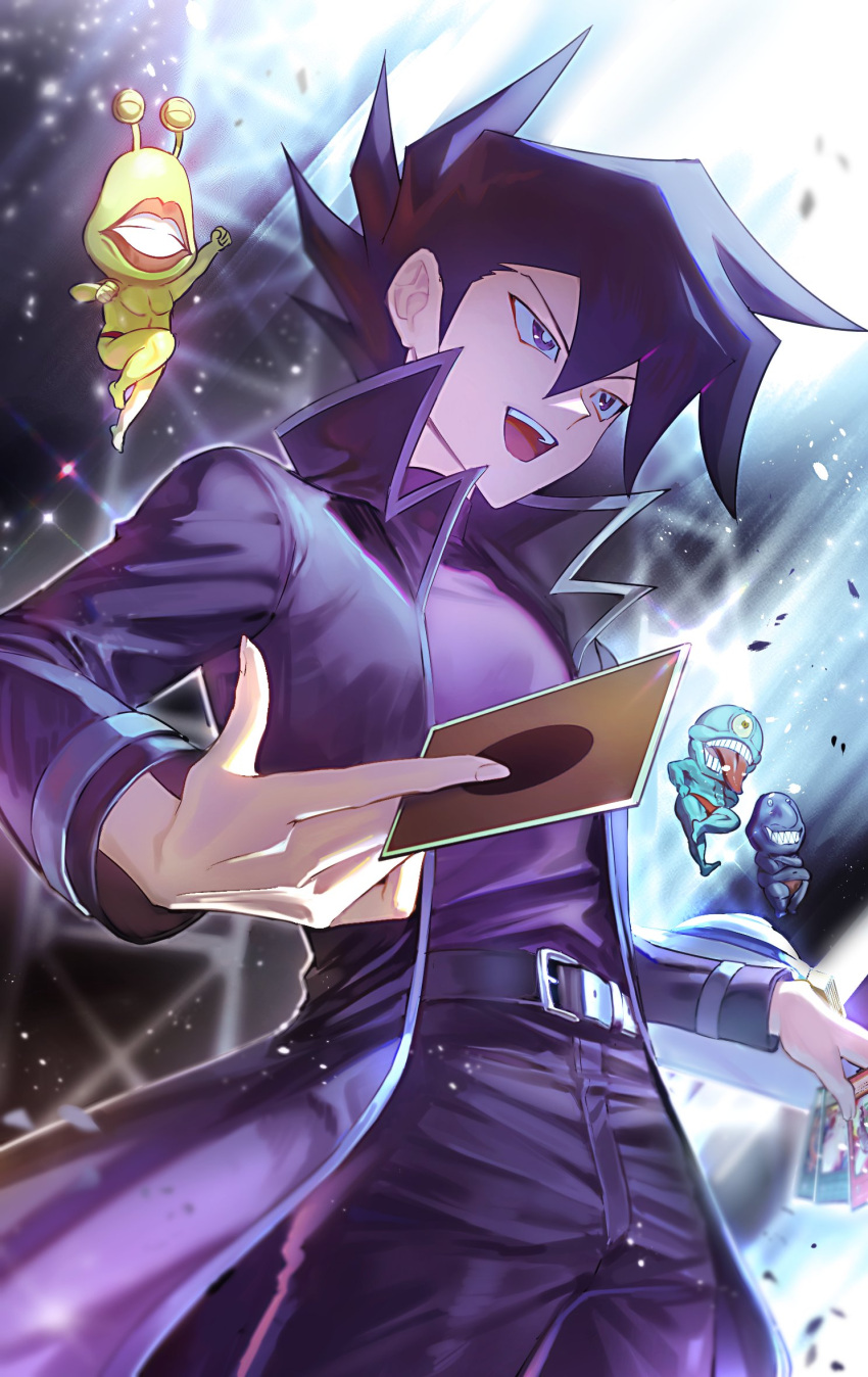 4boys, black_coat, black_hair, black_pants, black_skin, card, coat, colored_skin