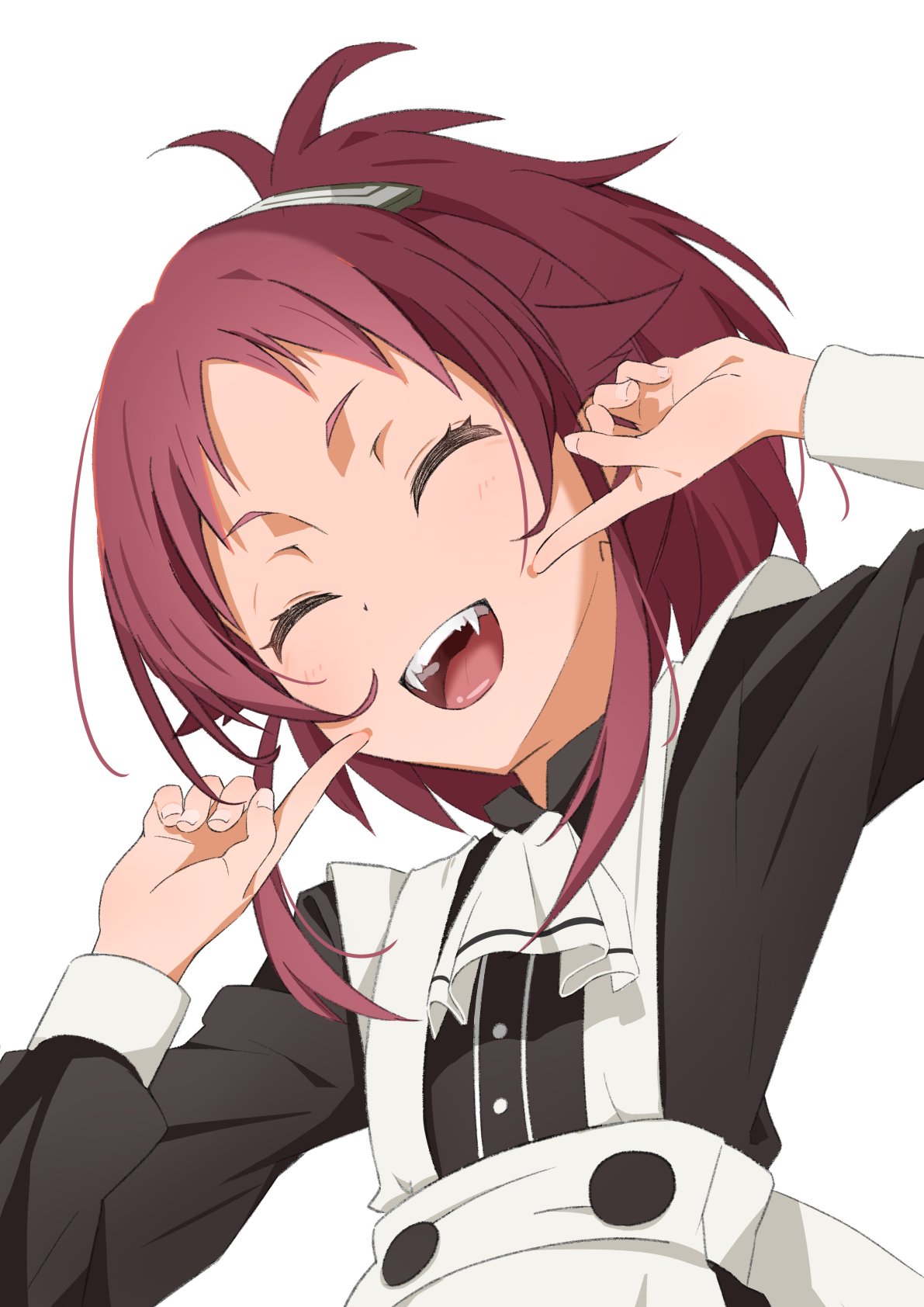 1girl, aisha_greyrat, apron, arms_up, black_dress, closed_eyes, commentary_request, dress, fangs, fingernails, hair_ornament, highres, light_blush, long_hair, long_sleeves, maid, maid_apron, mushoku_tensei, neckerchief, open_mouth, pointing, pointing_at_self, ponytail, redhead, sidelocks, simple_background, smile, teeth, tsuchinomo, upper_body, upper_teeth_only, white_apron, white_background, white_neckerchief