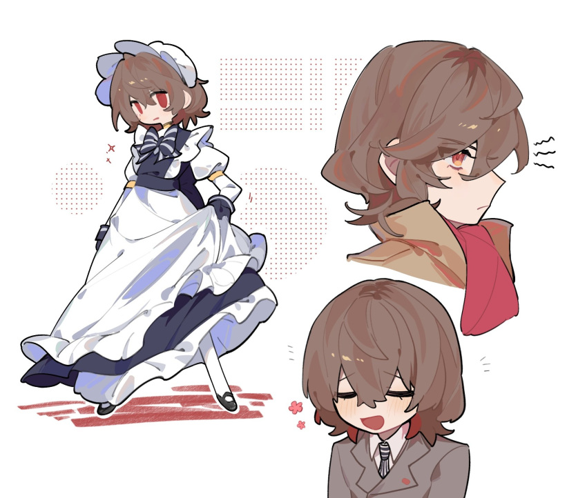 1boy, akechi_gorou, alternate_costume, apron, black_dress, black_necktie, bow, bowtie, brown_hair, brown_suit, closed_eyes, collared_shirt, dress, enmaided, frilled_apron, frills, from_side, hair_between_eyes, highres, light_blush, looking_at_viewer, maid, maid_apron, maid_headdress, male_focus, multiple_views, necktie, open_mouth, otoko_no_ko, persona, persona_5, red_eyes, sadakata_misa, shirt, short_hair, smile, striped_bow, striped_bowtie, striped_clothes, striped_necktie, suit, vertical-striped_clothes, vertical-striped_necktie, waist_apron, white_apron, white_shirt