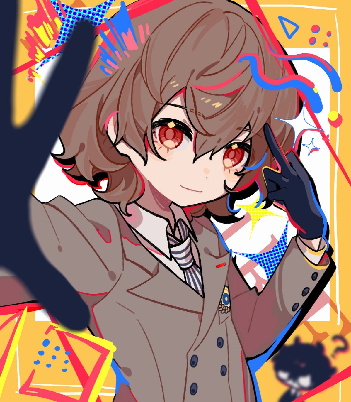 2boys, ?, akechi_gorou, amamiya_ren, black_gloves, black_hair, brown_hair, brown_suit