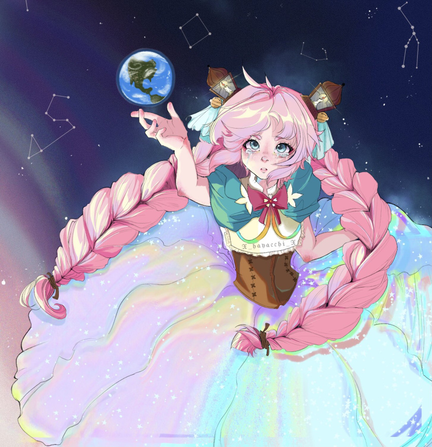 1girl, artist_name, bell, blue_eyes, bow, braid, brown_corset, candle
