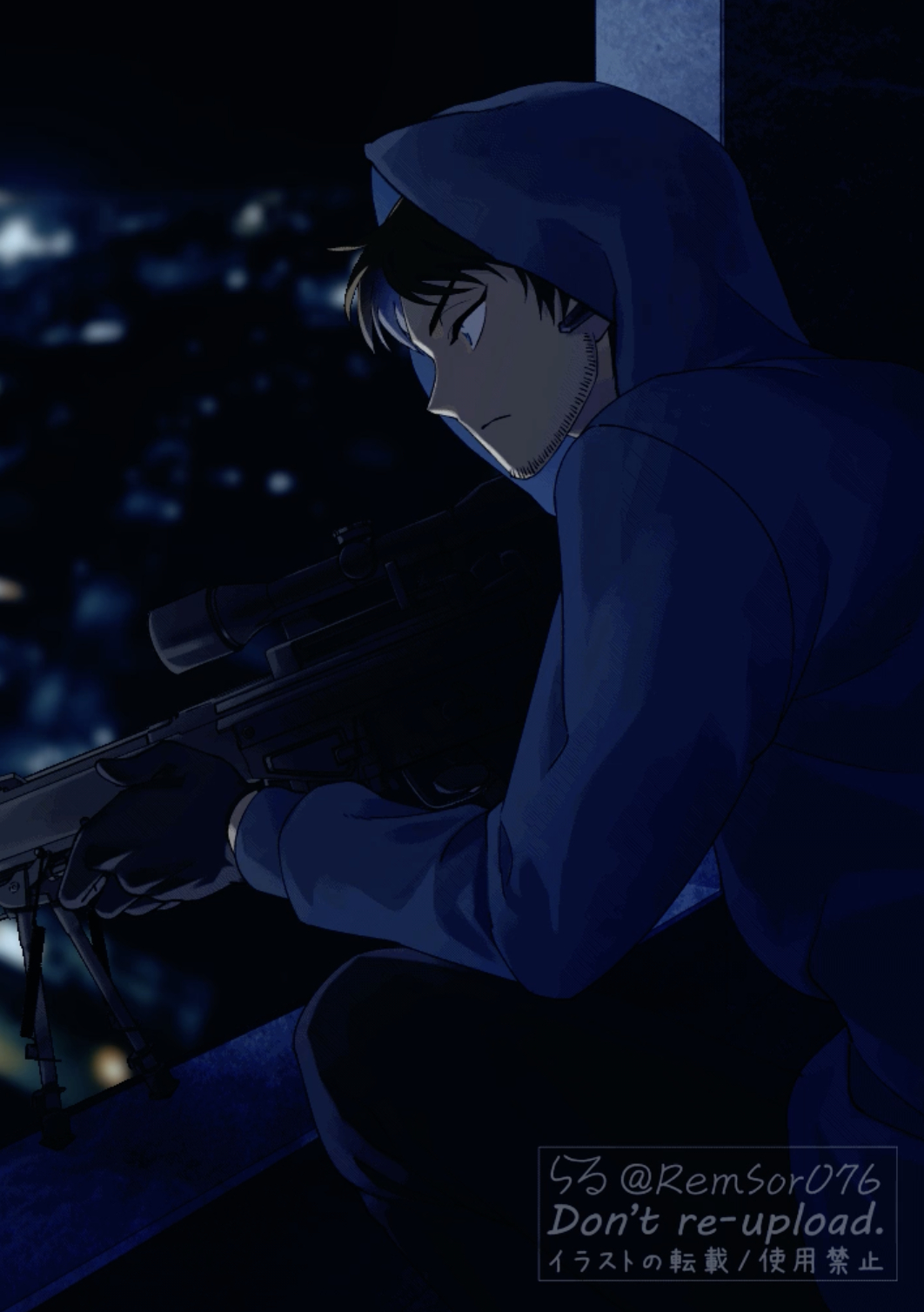 1boy, black_gloves, blue_eyes, blue_jacket, bluetooth_headset, blurry, blurry_background, brown_hair