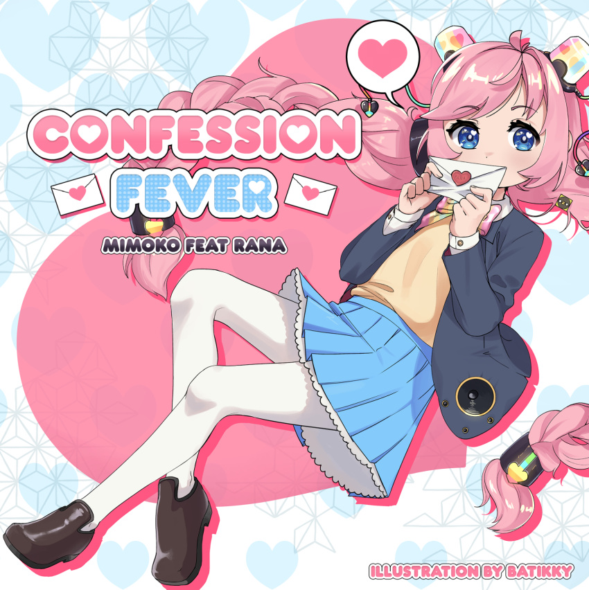 1girl, artist_name, batlovesikky, black_jacket, blue_eyes, blue_skirt, bow, bowtie, braid, brown_footwear, collar, commentary, dot_nose, english_commentary, english_text, heart, heart_in_eye, highres, jacket, loafers, love_letter, multicolored_bow, multicolored_bowtie, open_clothes, open_jacket, pantyhose, pink_hair, pleated_skirt, rana_(vocaloid), ranagain, shoes, skirt, solo, song_name, speech_bubble, sweater, symbol_in_eye, twin_braids, twintails, vocaloid, white_collar, white_pantyhose