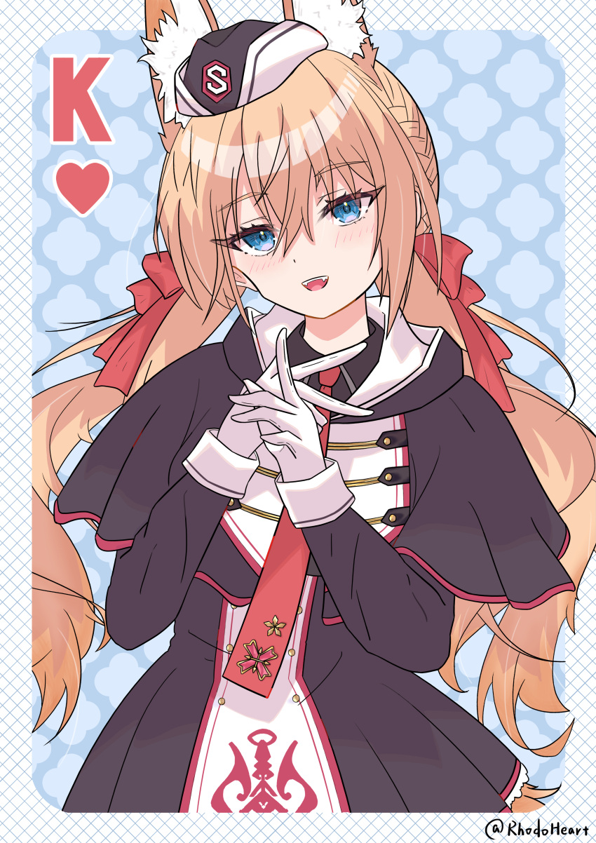 1girl, :d, absurdres, animal_ear_fluff, animal_ears, arihara_nanami, arihara_nanami_(cosplay), artist_name, black_capelet, black_dress, black_hat, blonde_hair, blue_background, blue_eyes, blush, border, bow, capelet, card, chinese_commentary, commentary_request, cosplay, cowboy_shot, dress, eyelashes, eyes_visible_through_hair, fangs, floating_hair, floral_print, fox_ears, fox_girl, fox_tail, garrison_cap, gloves, hair_between_eyes, hair_bow, hair_ribbon, hands_up, hat, heart, highres, hood, hood_down, hourai_tenko_(vtuber), index_finger_raised, indie_virtual_youtuber, king_(playing_card), king_of_hearts_(playing_card), long_hair, long_sleeves, looking_at_viewer, low_twintails, necktie, open_mouth, playing_card, print_necktie, red_bow, red_necktie, red_ribbon, rhodoheart, ribbon, riddle_joker, simple_background, smile, solo, tail, teeth, tsurime, twintails, upper_teeth_only, very_long_hair, virtual_youtuber, white_border, white_gloves