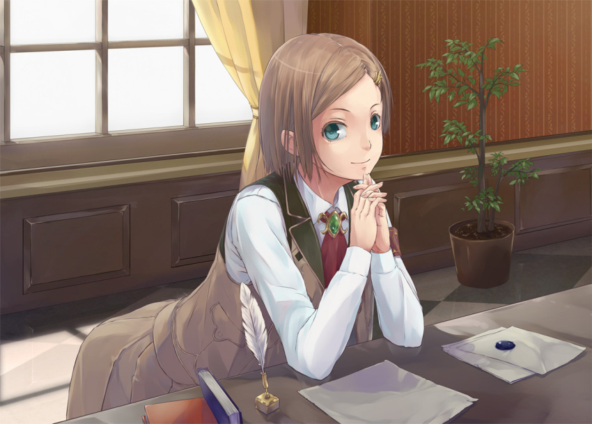 atelier_rorona, bad_id, brown_hair, estiy_erhard, esty_erhard, green_eyes, hair_ornament, hairclip