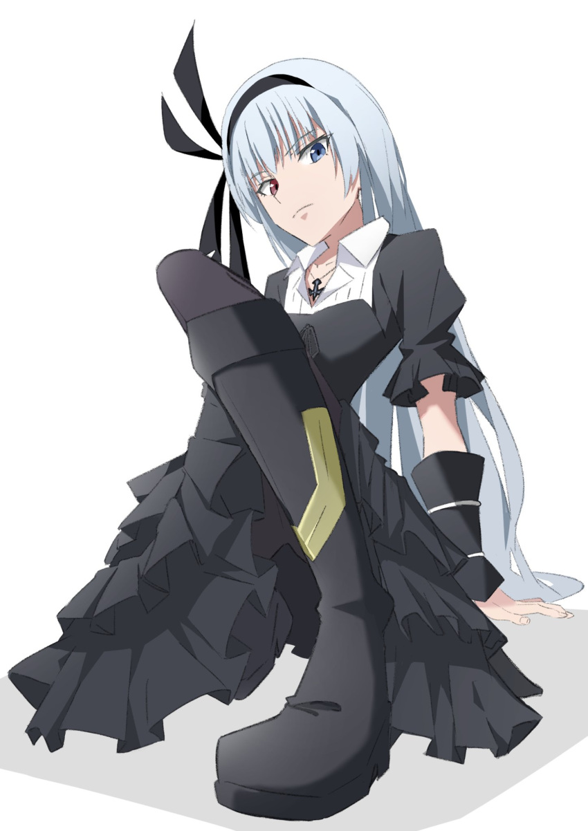 1girl, black_dress, black_footwear, black_hairband, blue_eyes, boots, breasts, closed_mouth