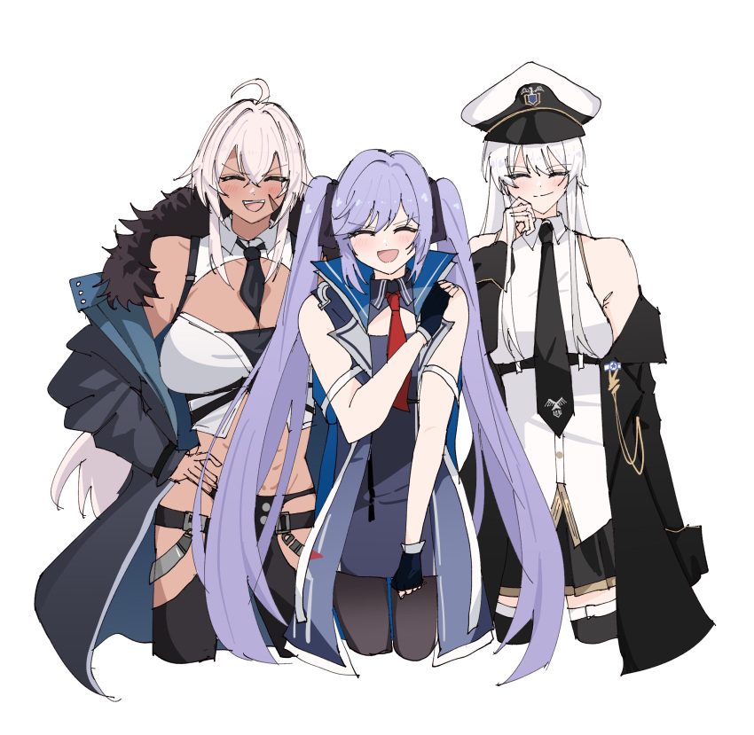 3girls, azur_lane, black_coat, black_necktie, black_skirt, blue_coat, closed_eyes, coat, cropped_legs, dark-skinned_female, dark_skin, enterprise_(azur_lane), essex_(azur_lane), fur-trimmed_coat, fur_trim, hat, highres, indiana_(azur_lane), laughing, light_blush, long_hair, multiple_girls, necktie, open_mouth, peaked_cap, pleated_skirt, red_necktie, scar, scar_on_face, simple_background, skirt, smile, tsuchi_(xger4434), twintails, very_long_hair, violet_eyes, white_background, white_hair, white_hat