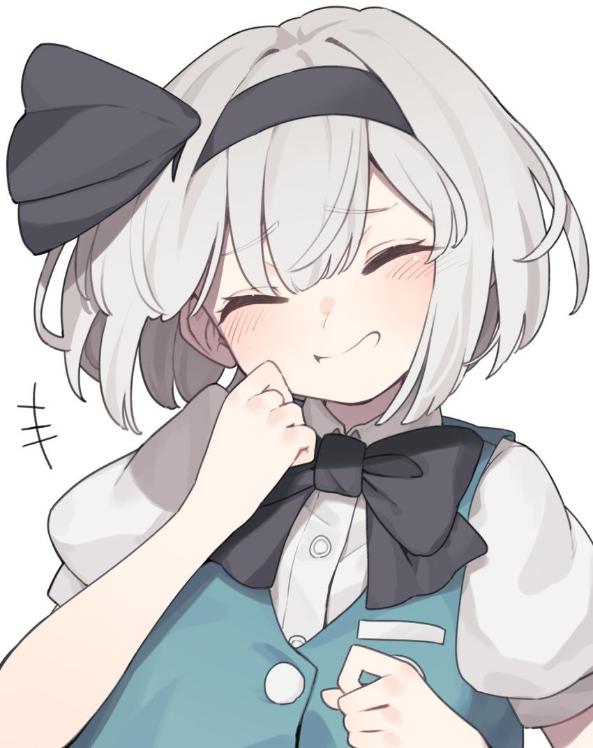 1girl, black_bow, black_bowtie, black_hairband, bow, bowtie, closed_eyes, garasuno