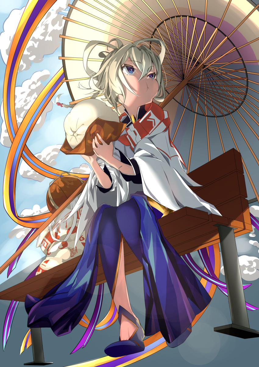 1girl, absurdres, baozi, bench, black_shirt, blue_eyes, blue_footwear, blue_skirt, braid, cheek_bulge, clouds, cloudy_sky, eating, food, full_body, grey_hair, highres, invisible_floor, masamune_(monster_strike), monster_strike, outdoors, shawl, shirt, sitting, skirt, sky, solo, tsuchinomo, umbrella, white_shawl