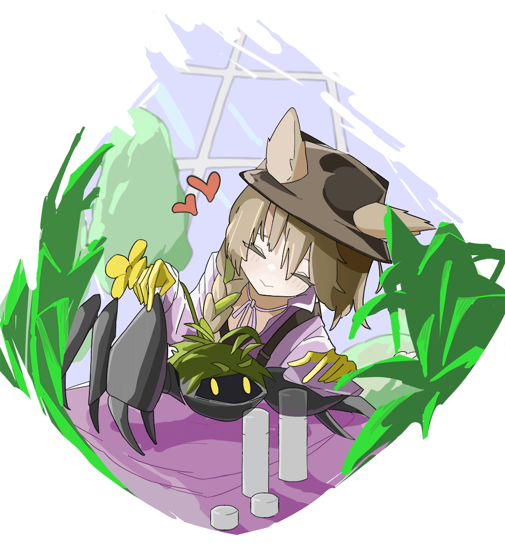 arknights, beanstalk_(arknights), black_hat, braid, closed_eyes, ears_through_headwear, fedora, gloves