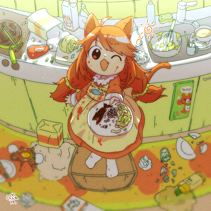 1girl, absurdres, animal_ears, apron, bottle, broken_egg, broken_glass, broken_plate