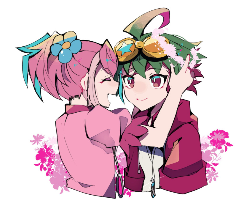 1boy, 1girl, aged_down, ahoge, flower, flower_on_head, goggles, goggles_on_head