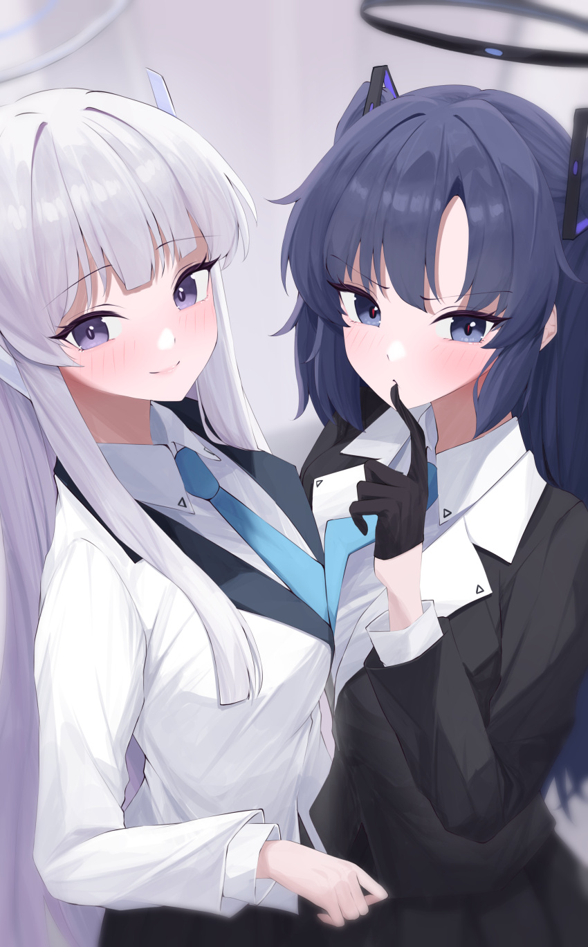 2girls, absurdres, black_gloves, black_jacket, black_skirt, blue_archive, blue_necktie, closed_mouth