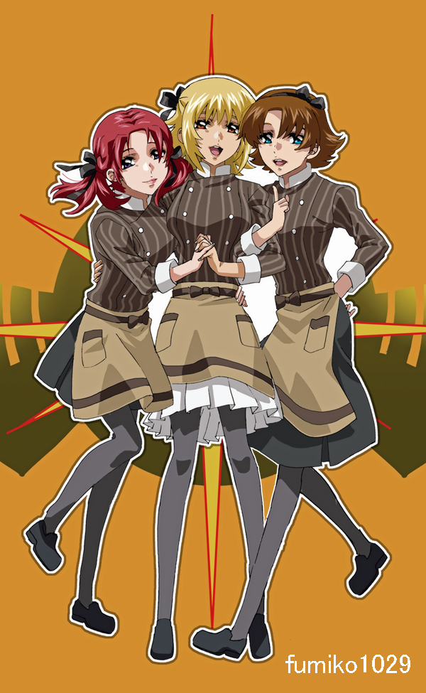 3girls, apron, blonde_hair, blue_eyes, breasts, brown_hair, buttons, cafe