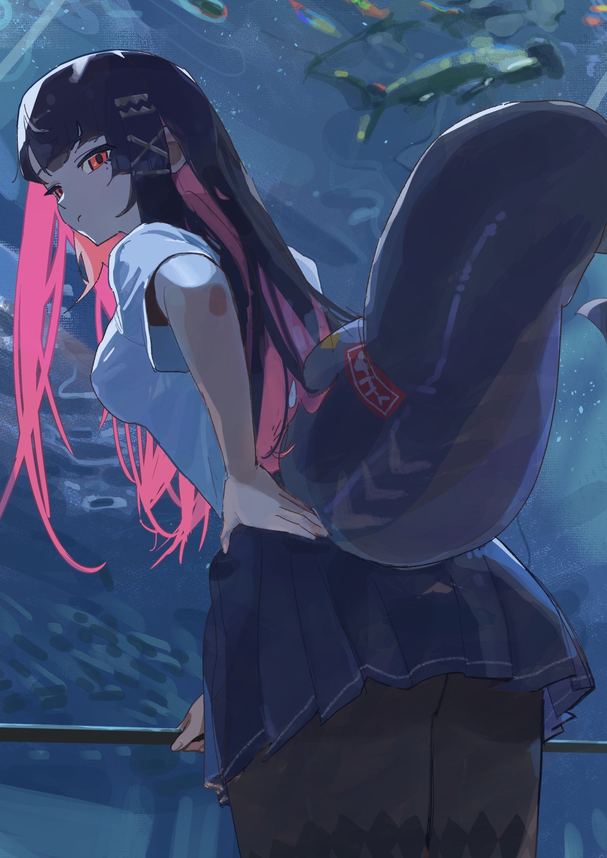 1girl, alternate_hair_length, alternate_hairstyle, ass, black_hair, colored_inner_hair, ellen_joe, fins