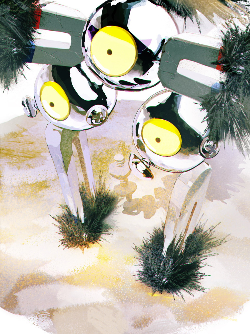 commentary_request, crack, highres, leirion5, magnet, no_humans, pokemon, pokemon_(creature), sandy_shocks, screw, solo, standing, yellow_eyes