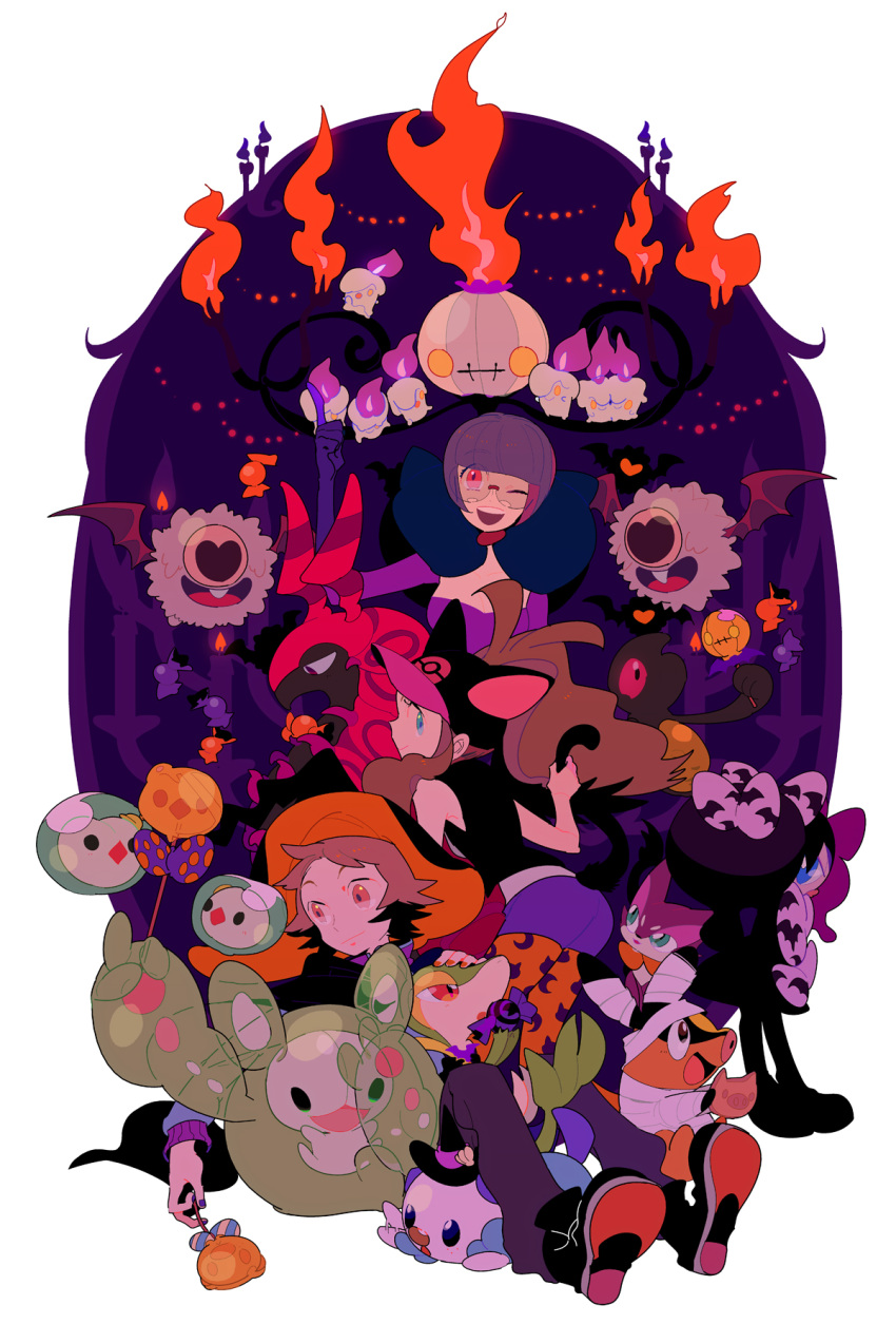 1girl, 2girls, antenna_hair, bad_id, bandage, bandages, bare_shoulders, baseball_cap, blue_eyes, bob_cut, brown_eyes, brown_hair, candle, candy, cat_ears, chandelure, denim, denim_shorts, flame, gloves, gothorita, group, gym_leader, halloween, hat, high_ponytail, highres, jacket, kemonomimi_mode, litwick, lollipop, long_hair, long_sleeves, male, maruco, multiple_girls, nekomimi_mode, open_mouth, oshawott, pants, pink_eyes, pokemon, pokemon_(creature), pokemon_(game), pokemon_black_and_white, pokemon_bw, ponytail, purrloin, red_eyes, reuniclus, scolipede, shikimi_(pokemon), shoes, short_hair, short_shorts, shorts, sitting, smile, snivy, solosis, tepig, touko_(pokemon), touya_(pokemon), vest, wink, woobat, yamask, yellow_eyes