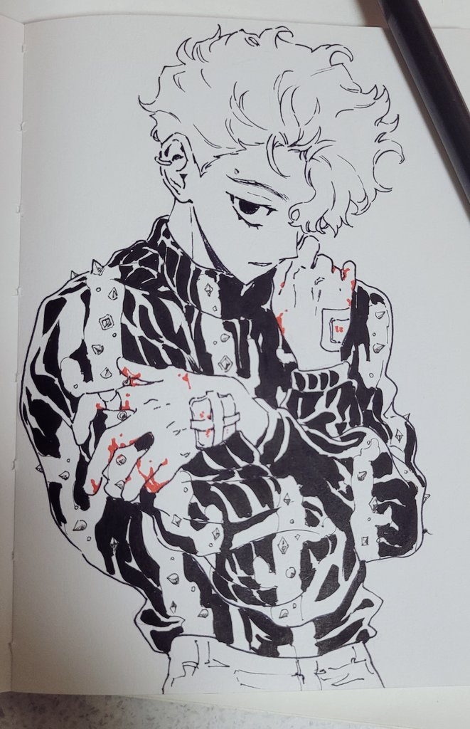1boy, asymmetrical_bangs, bandaid, bandaid_on_hand, blood, blood_on_hands, ear_piercing, gauze_on_hand