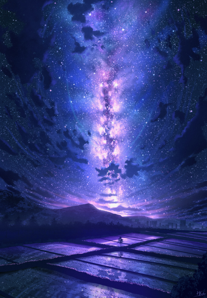 absurdres, building, clouds, field, highres, hkcutie, landscape, milky_way