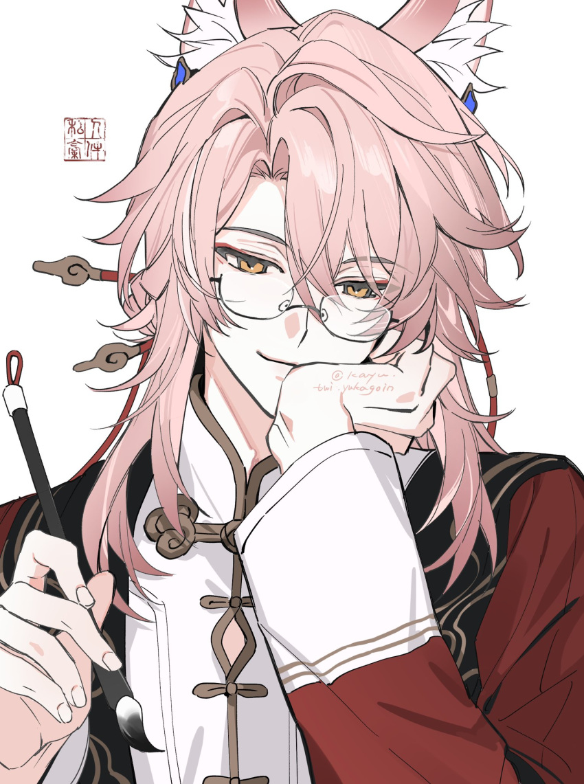 1boy, animal_ears, cape, chinese_clothes, fox_boy, fox_ears, glasses, hair_between_eyes