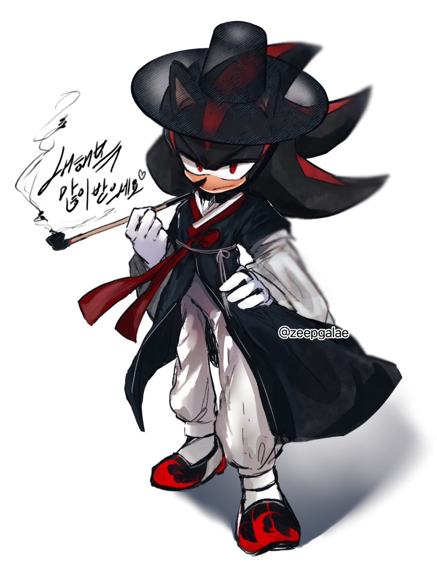 1boy, absurdres, aliasing, alternate_costume, artist_name, black_coat, black_fur, black_hair, blurry, body_fur, coat, commentary, depth_of_field, flame_print, furry, furry_male, gat_(korean_traditional_hat), gloves, hanbok, hand_on_own_hip, hand_up, heart, highres, holding, holding_smoking_pipe, jeogori_(clothes), korean_clothes, korean_text, layered_sleeves, long_hair, long_sleeves, male_focus, multicolored_hair, neck_fur, pants, red_footwear, red_ribbon, redhead, ribbon, see-through, see-through_hat, shadow_the_hedgehog, shoes, short_over_long_sleeves, short_sleeves, simple_background, smoke, smoking, smoking_pipe, solo, sonic_(series), spiky_hair, streaked_hair, translation_request, twitter_username, two-tone_fur, two-tone_hair, watermark, white_background, white_fur, white_gloves, white_pants, zeepgalae