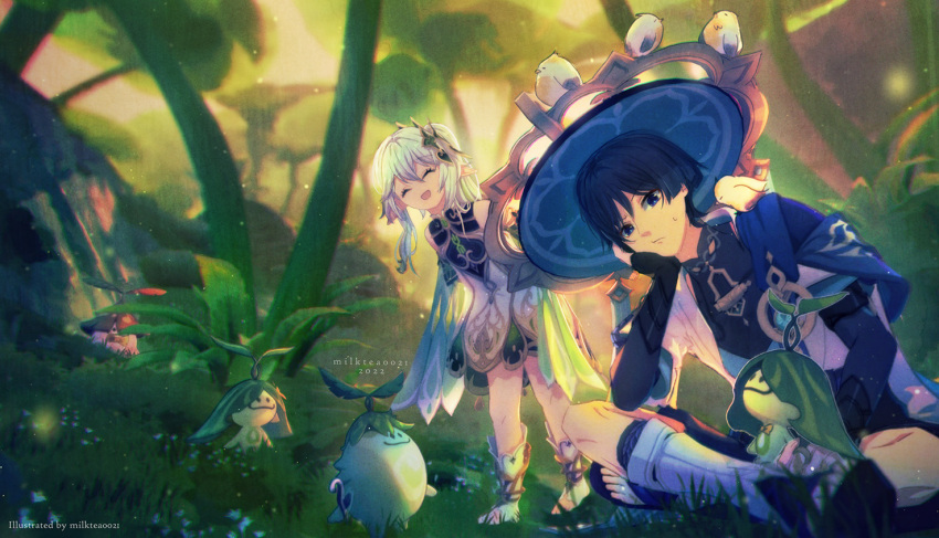 1boy, 1girl, :], animal_on_head, animal_on_shoulder, aqua_sleeves, aranara_(genshin_impact), armlet