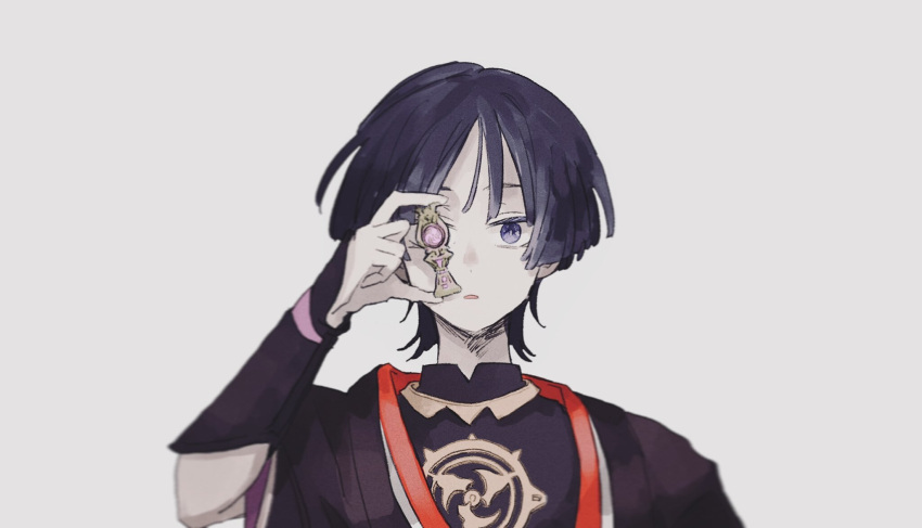 1boy, armor, black_bodysuit, black_eyes, black_hair, black_kimono, blunt_ends, bodysuit