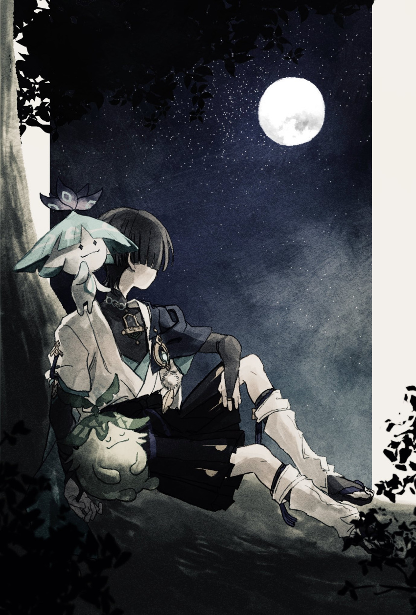 1boy, against_tree, aqua_sleeves, aranara_(genshin_impact), black_bodysuit, black_bow, black_hair, black_shorts