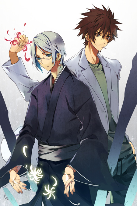 brown_eyes, brown_hair, flower, glasses, green_eyes, kabi, male, multiple_boys