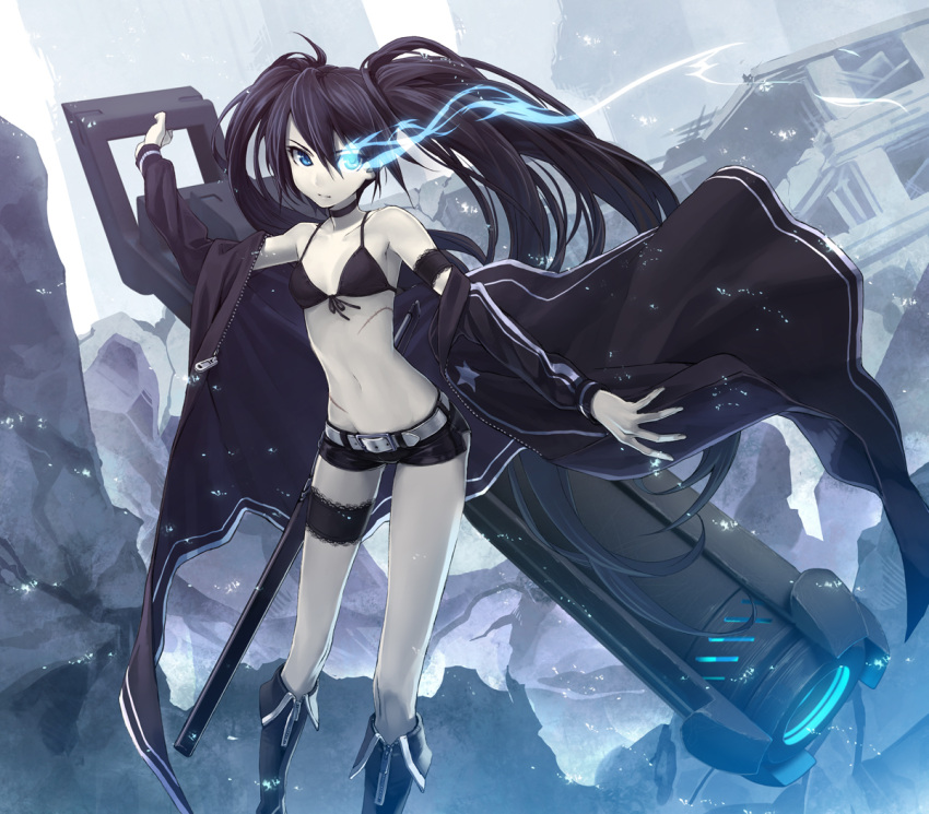 bare_shoulders, belt, bikini_top, black_hair, black_rock_shooter, black_rock_shooter_(character), blue_eyes, boots