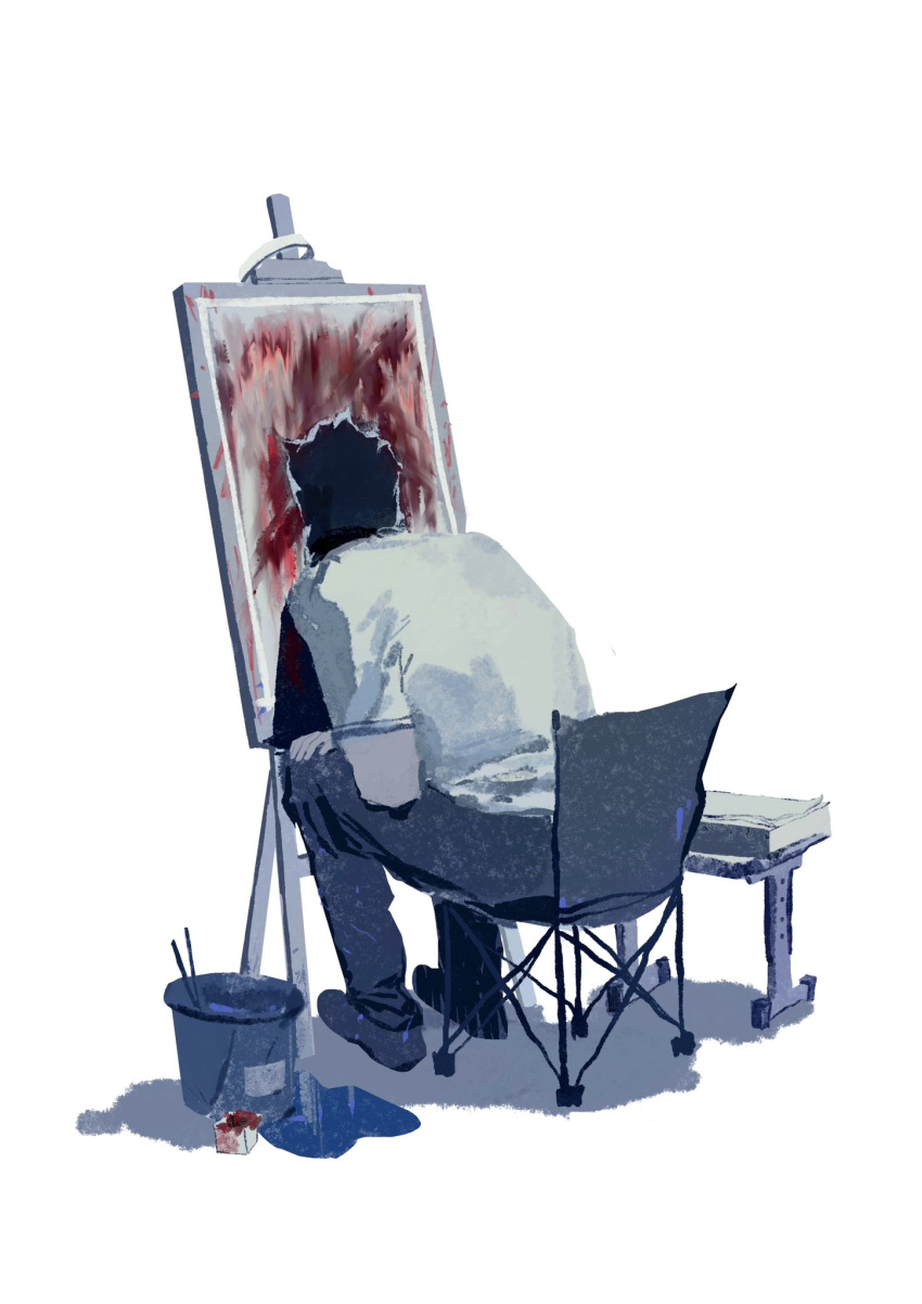 1boy, black_footwear, black_pants, broken, bucket, chair, easel, folding_chair, from_behind, hand_on_own_knee, head_down, highres, leaning_forward, male_focus, on_chair, original, paint, paintbrush, painting_(object), pants, puddle, sad, shirt, shoes, short_sleeves, simple_background, sitting, solo, stool, white_background, white_shirt, xianyu_chuan