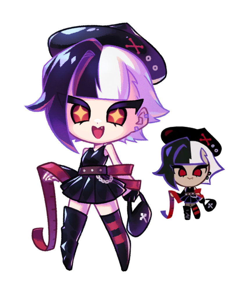 +_+, :d, alternate_skin_color, arm_at_side, asymmetrical_bangs, asymmetrical_footwear, asymmetrical_gloves, asymmetrical_legwear