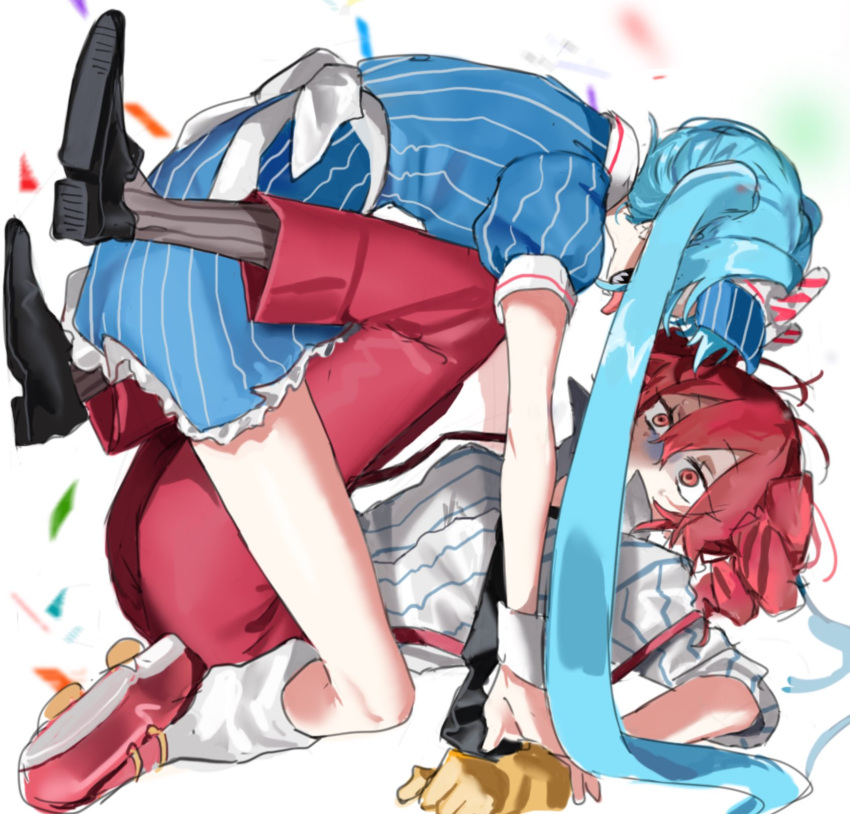 2girls, black_footwear, blue_dress, blue_hair, bow, dress, drill_hair, full_body