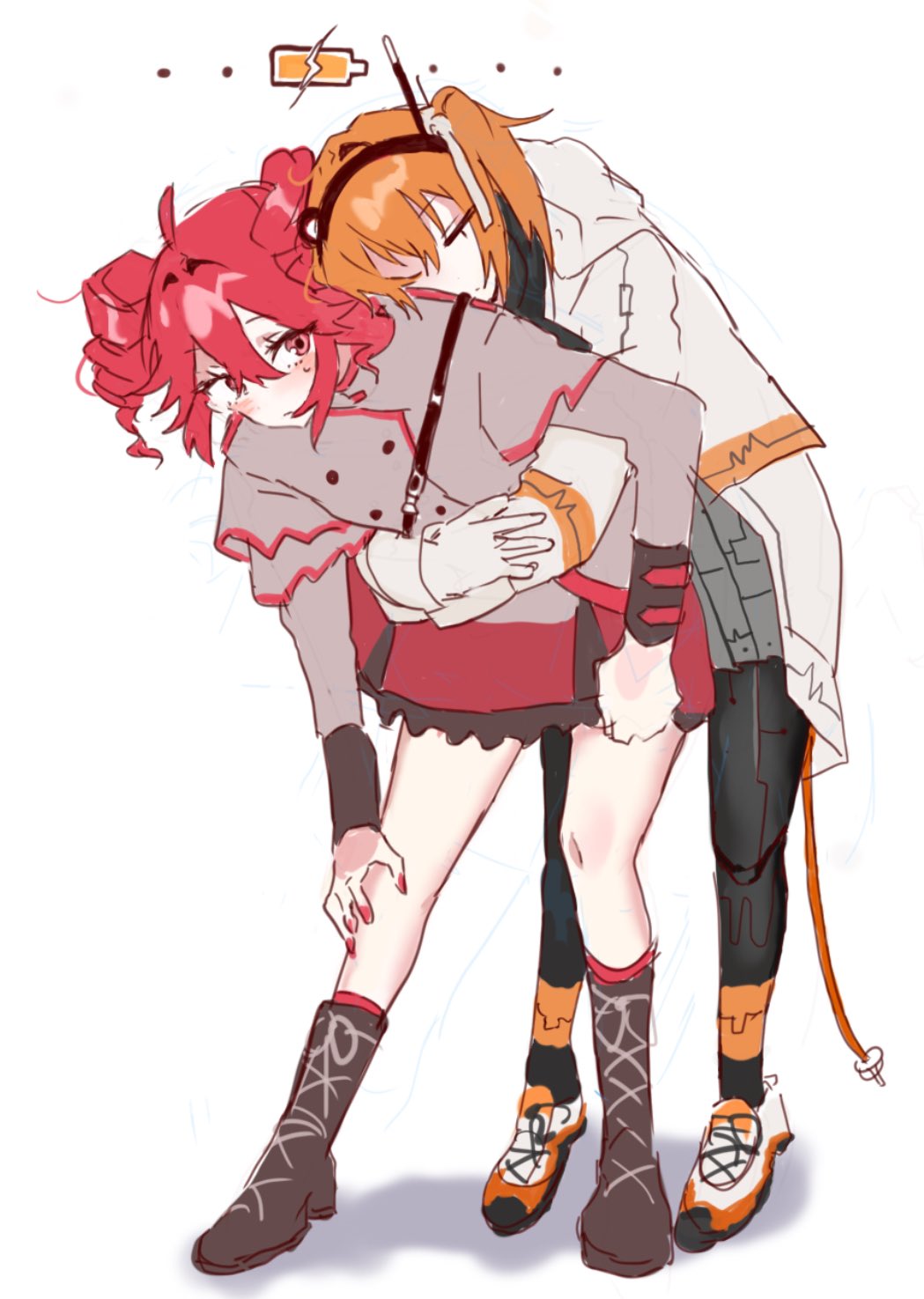 2girls, a.i._voice, adachi_rei, battery_indicator, black_footwear, black_pantyhose, boots, closed_eyes