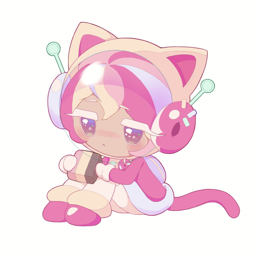 1girl, :<, animal_ear_headwear, astronaut_cookie, astronaut_cookie_(meow_meow_spacesuit), backpack, bag, blonde_hair