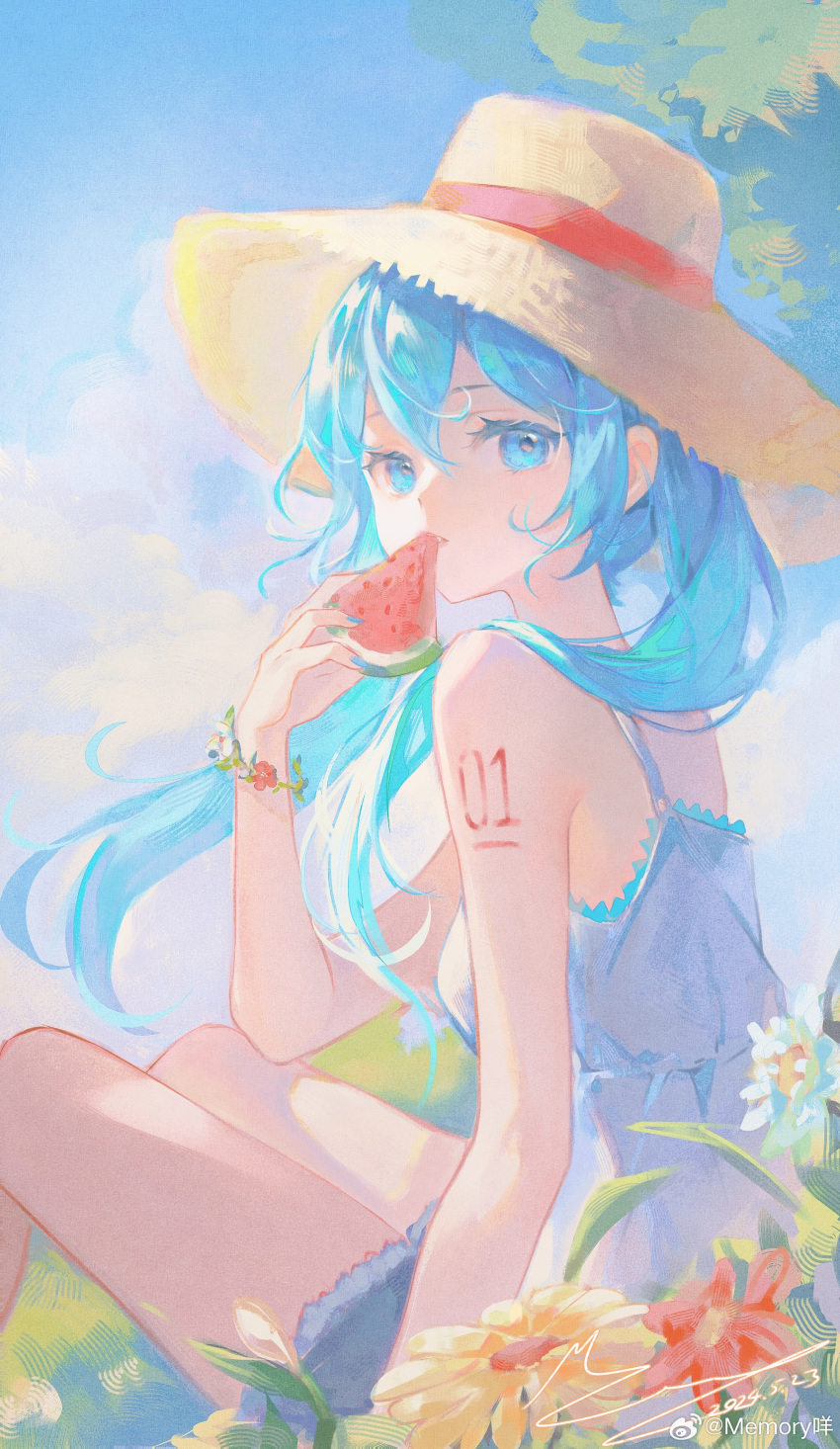 1girl, absurdres, bare_arms, bare_legs, bare_shoulders, blue_eyes, blue_hair, blue_shorts, blue_sky, bracelet, chinese_commentary, clouds, colored_eyelashes, commentary_request, day, denim, denim_shorts, eating, feet_out_of_frame, flower, flower_bracelet, food, from_behind, fruit, hair_between_eyes, hair_over_shoulder, hat, hatsune_miku, highres, hill, holding, holding_food, holding_fruit, jewelry, lace-trimmed_tank_top, long_hair, looking_at_viewer, looking_back, mie_haha, number_tattoo, outdoors, pink_pupils, red_flower, shorts, shoulder_tattoo, signature, sitting, sky, solo, straw_hat, sun_hat, tank_top, tattoo, tree, twintails, vocaloid, watermelon, watermelon_slice, weibo_watermark, white_tank_top, yellow_hat