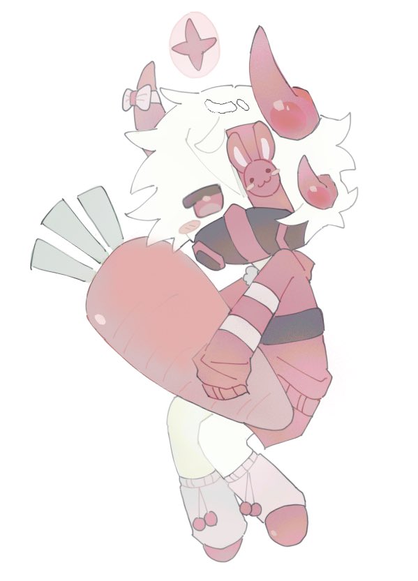 1boy, bow, carrot, colored_skin, fish_193, full_body, holding, holding_carrot, horn_bow, horn_ornament, horns, multiple_horns, phighting!, pink_eyes, pink_horns, pink_sweater, respirator, roblox, sleeves_past_wrists, solo, subspace_(phighting!), sweater, white_hair, white_skin