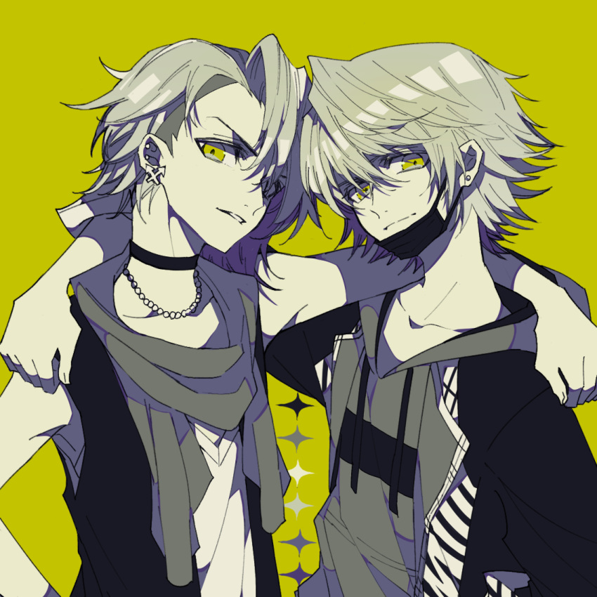 2boys, 3kdxoxo, arm_around_shoulder, bare_shoulders, black_choker, black_vest, choker, commentary