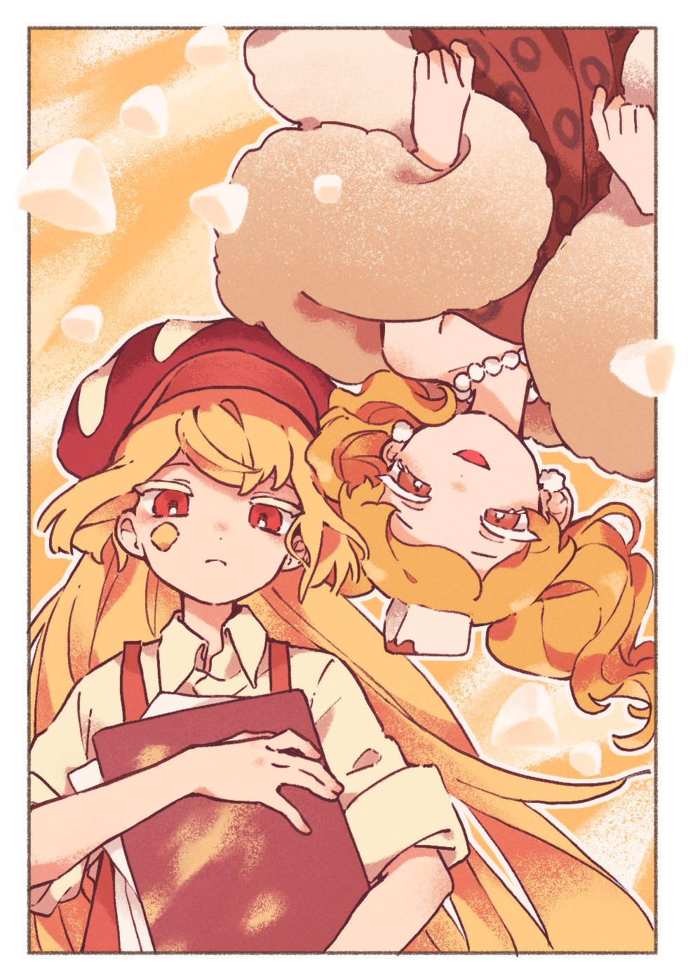 2girls, :d, analogous_colors, bead_necklace, beads, blonde_hair, border, brown_eyes